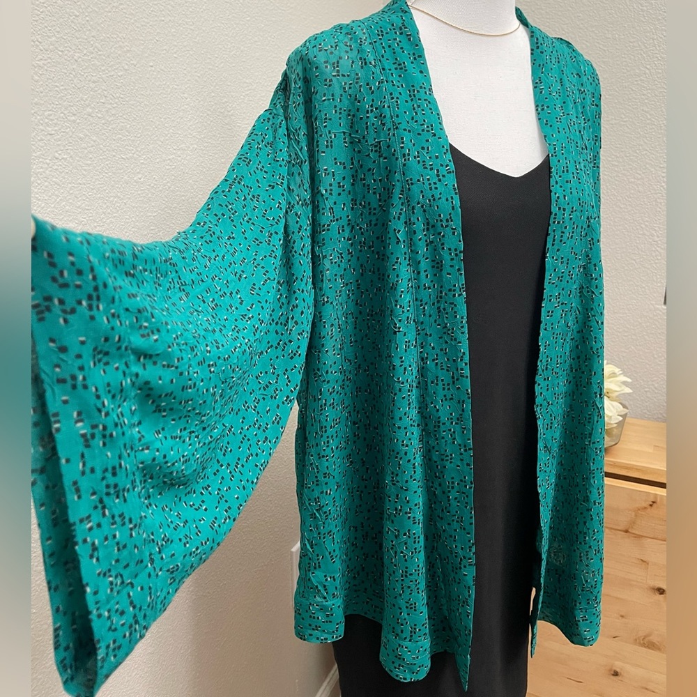 Teal and Black Sheer Open Front Kimono Cardigan - Picture 6 of 16